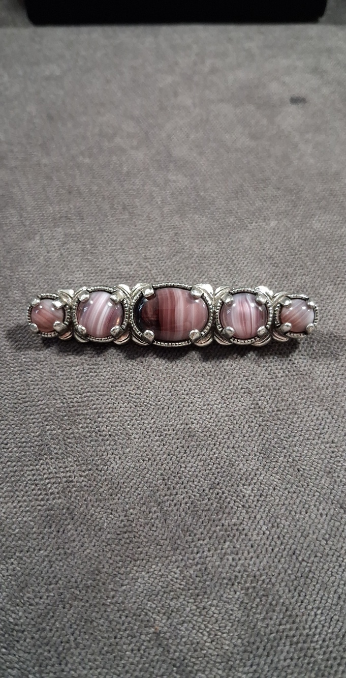 Vintage Miracle Scottish Celtic Bar Pin Purple Banded Glass Silver Tone VG+ 2½"